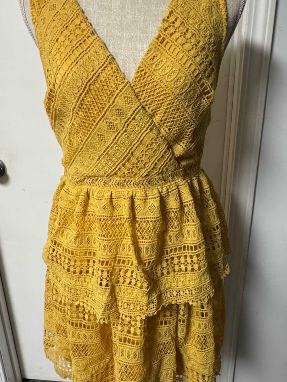 miami Yellow Crochet V-Neck Tiered Mini Dress - Picture 4 of 10